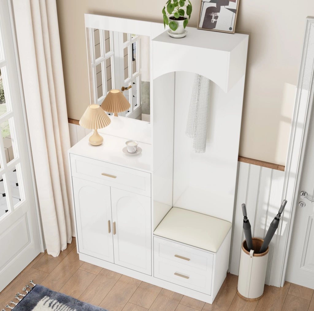 Guardaroba da ingresso 110x33x185.5 cm con scarpiera; specchio e panca bianco