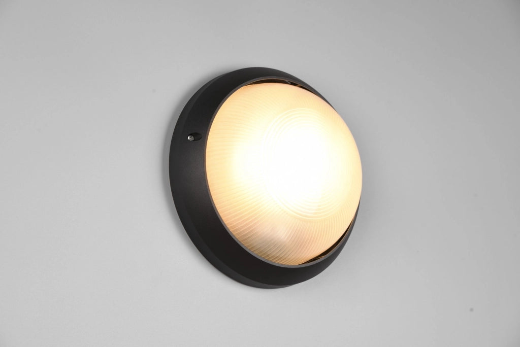 TOROLO PLAFONIERA APPLIQUE DA ESTERNO TONDA FUSIONE DI ALLUMINIO NERA E VETRO SATINATO D. 25,8CM IP44 1 LUCE ATTACCO E27