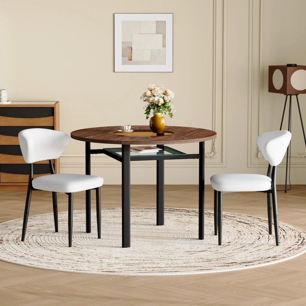 Tavolo da pranzo rotondo con piano in MDF e inserto in vetro con 2 sedie in PU per cucina e soggiorno 100 cm