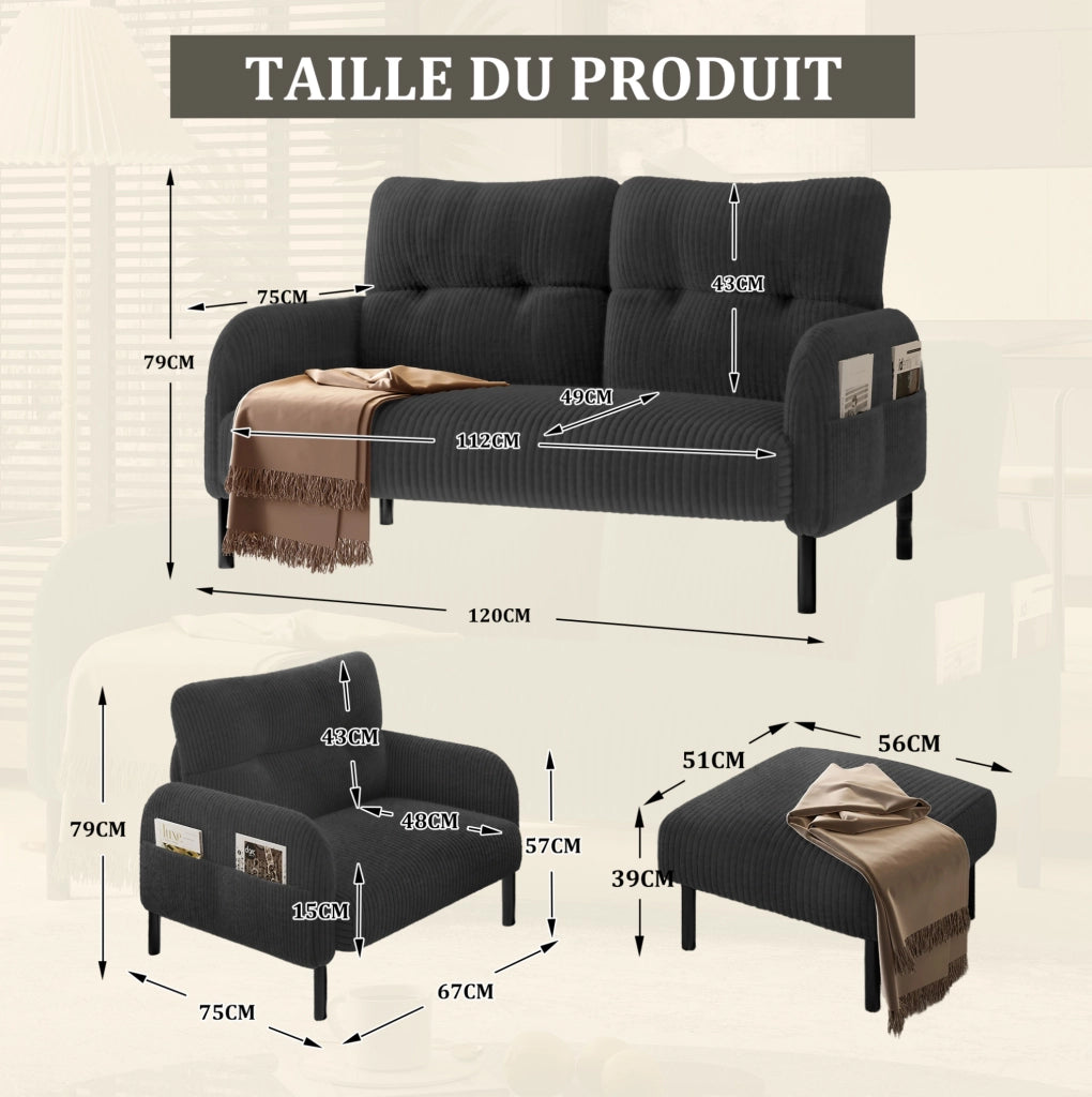 Set soggiorno 3 pezzi in corduroy grigio con divano 2 posti; poltrona e pouf; 120 cm