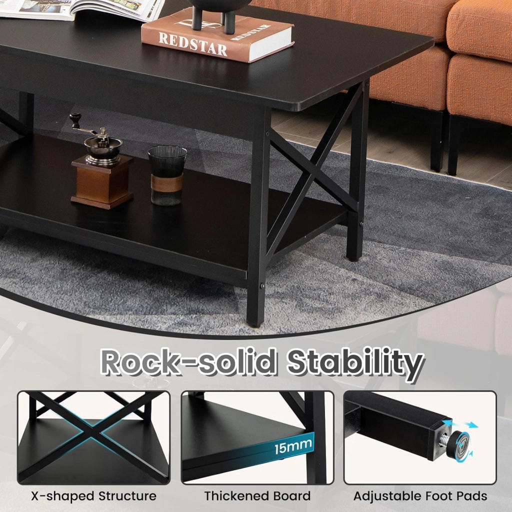 Tavolino a 2 Livelli a Forma di X, Tavolo da Caffè in Stile Industriale, Moderno per Soggiorno, Ufficio, Camera da Letto, Gambe Regolabili, 110x60x48cm, 2 Colori