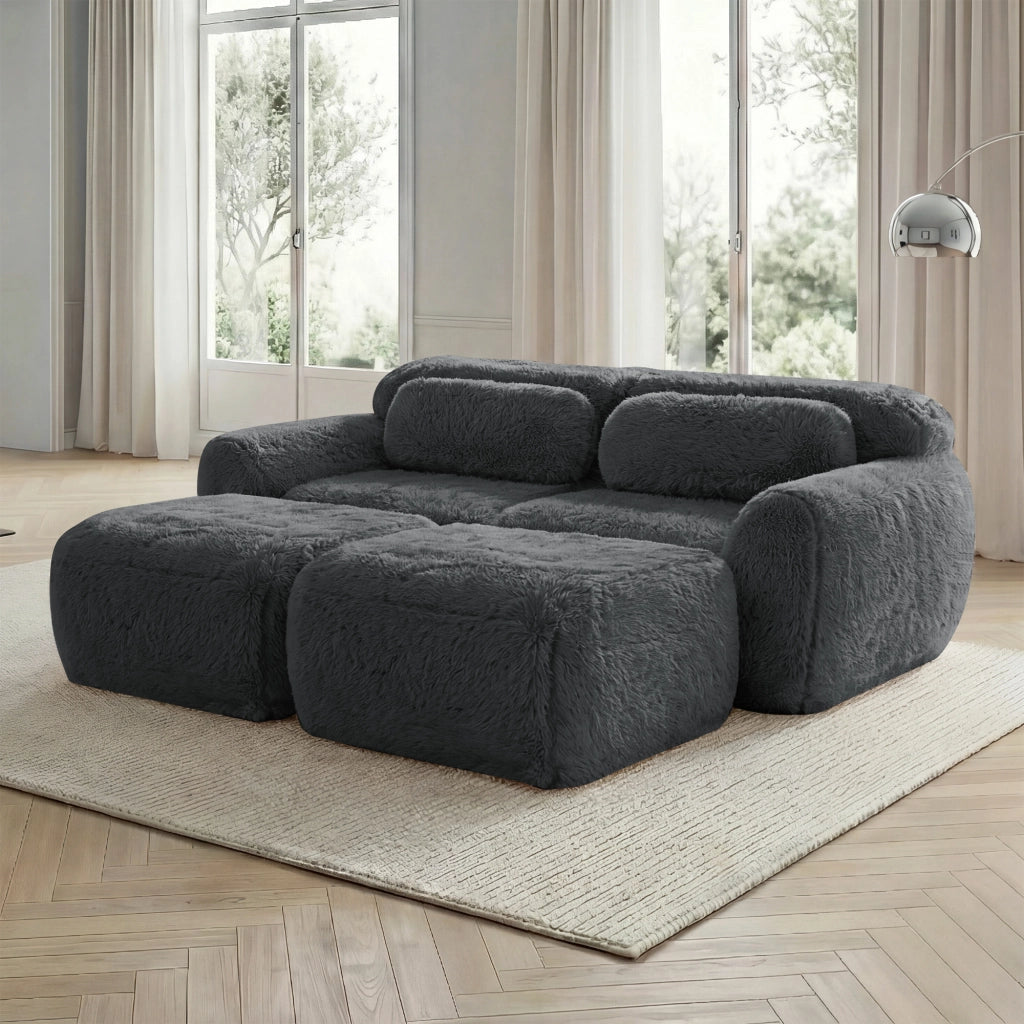 Divano Modulare 2 Posti con 2 Pouf; Senza Montaggio; Seduta Extra Larga; Base Antiscivolo in Peluche Grigio