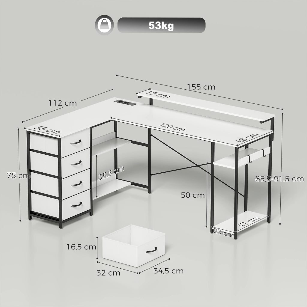 Scrivania Angolare 155x112x85,5-91,5 cm con Prese 4 Cassetti in Tessuto Rialzo Monitor e 2 Ganci Bianco e Nero