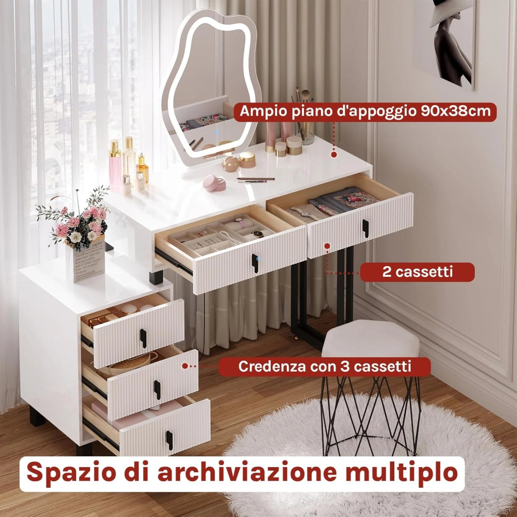 Toeletta con Luce LED, Luminosità Regolabile, Specchio a Nuvola, Piano Lucido, 5 Cassetti in Legno Massiccio, 1 Cassettiera, Moderno, Bianco e Nero