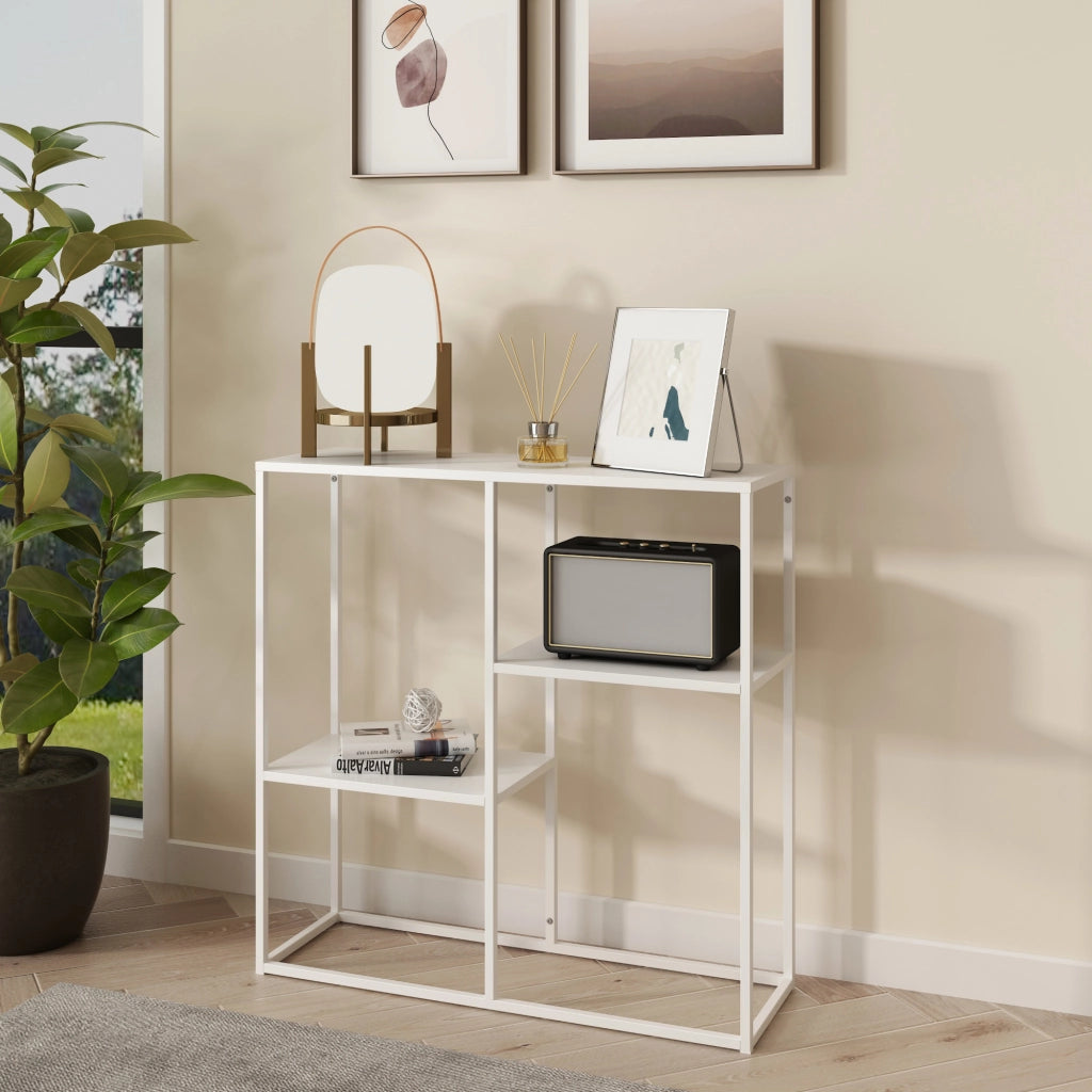 Tavolo a Consolle Strömstad Scaffale da Terra Espositore 80x80x26 cm Acciaio Bianco opaco [en.casa]