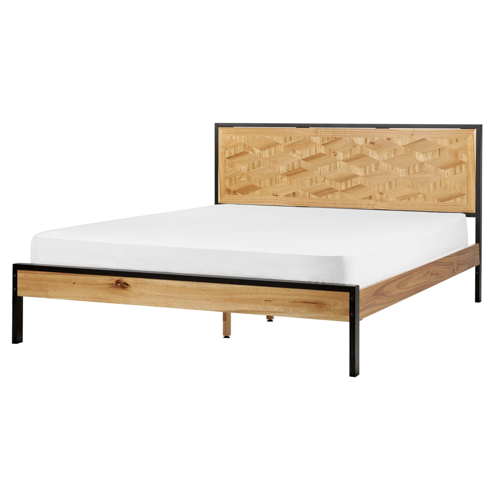 Letto 160 x 200 cm in acacia naturale con testiera a doghe e gambe in metallo nero