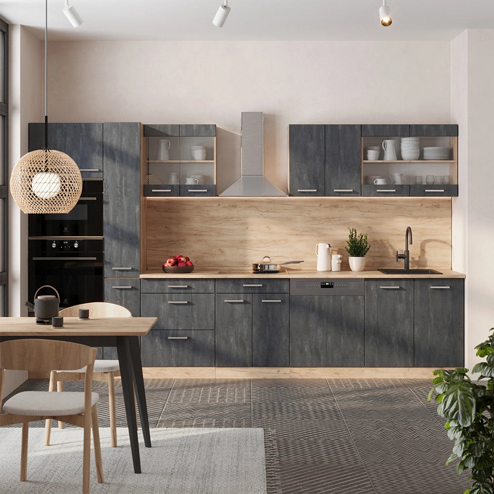 Vicco Cucina componibile Calcestruzzo nero/quercia dorata 350 cm senza piano di lavoro