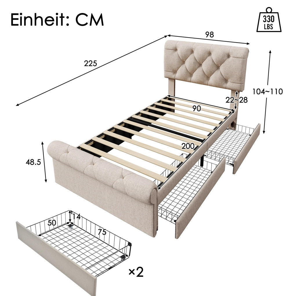 Letto singolo 90x200 con 2 cassetti, testiera regolabile e materasso H3