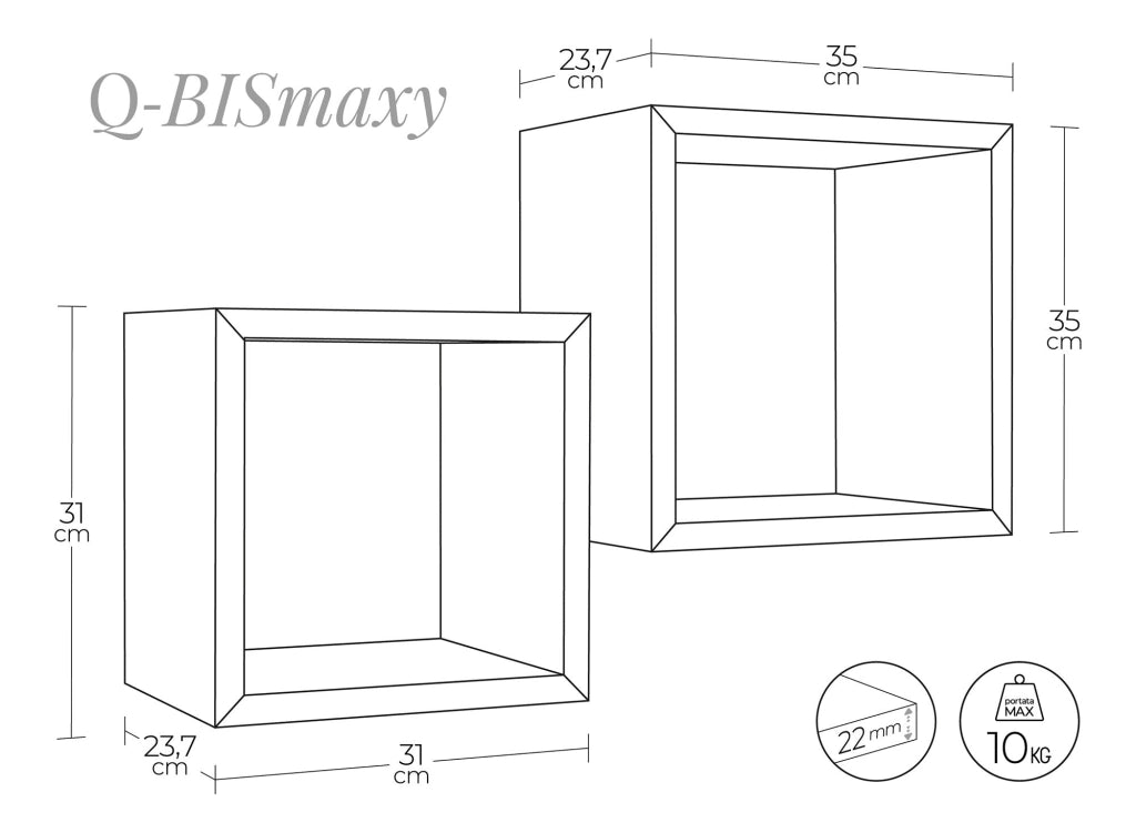 Set 2 Mensole Cubo da Parete Quadrato in Fibra di Legno Q-Bis Maxi Bianco