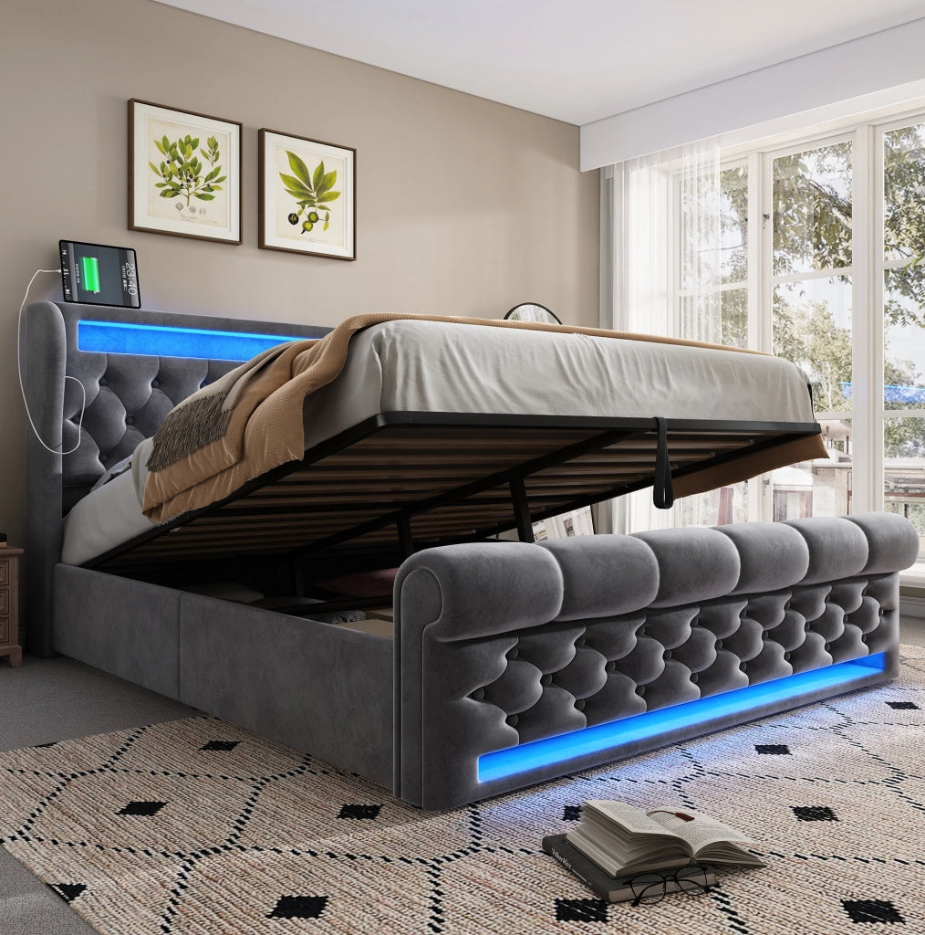 Letto imbottito con contenitore; LED; USB e Type-C; 140x190 cm; velluto grigio