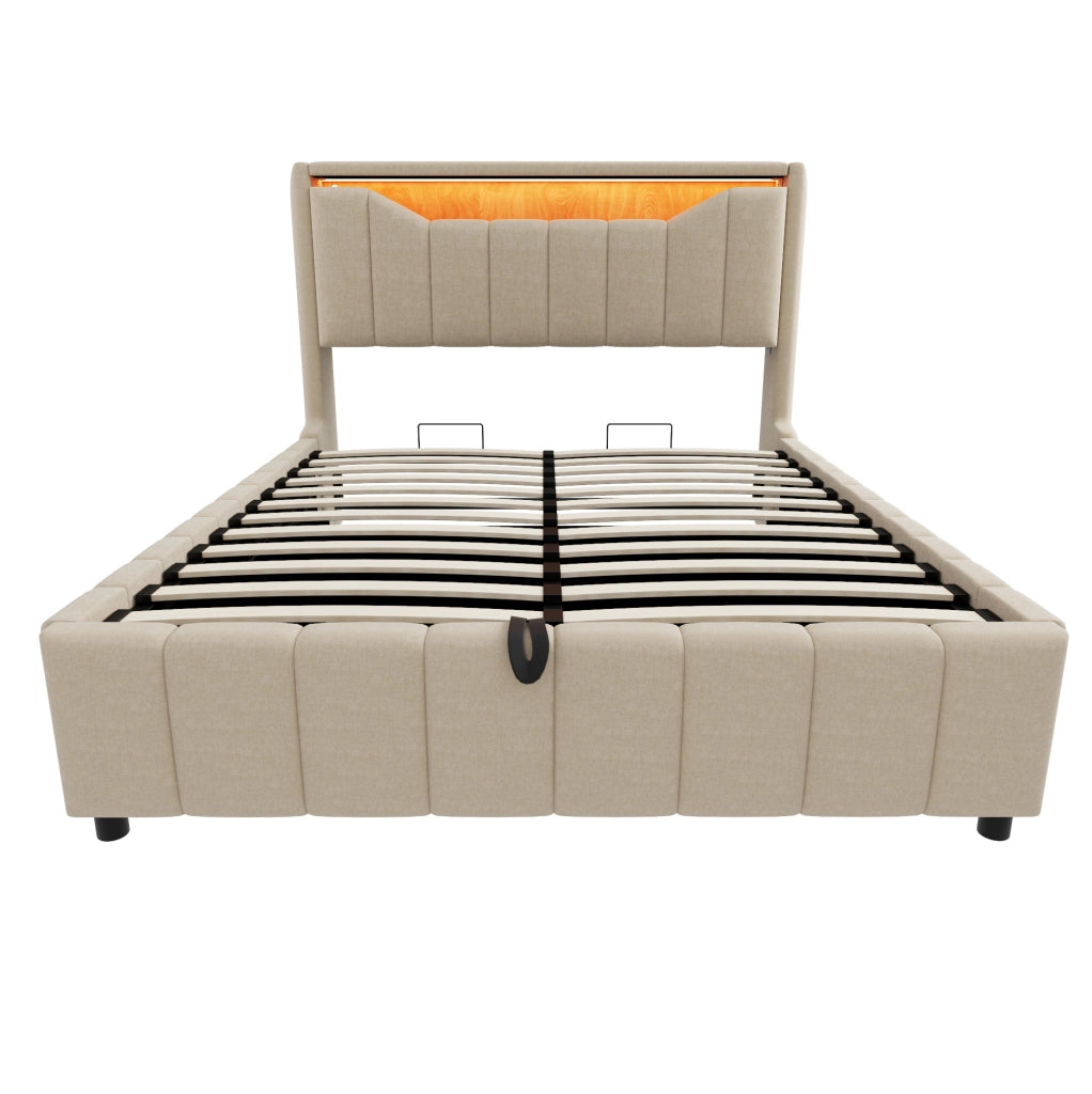 Letto 140x200 cm con contenitore idraulico, LED, USB e USB-C in tessuto beige