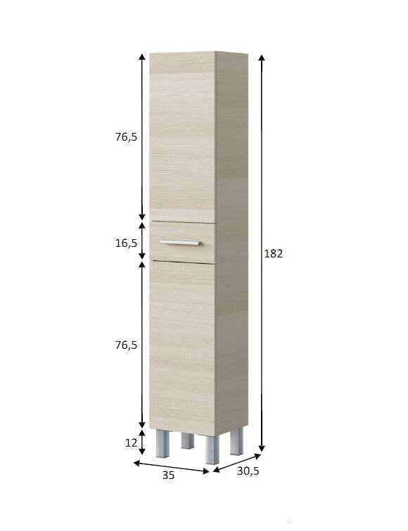 Colonna bagno Alka, Pensile bagno con 2 ante e 1 cassetto, Armadio alto, 35x31h182 cm, Rovere