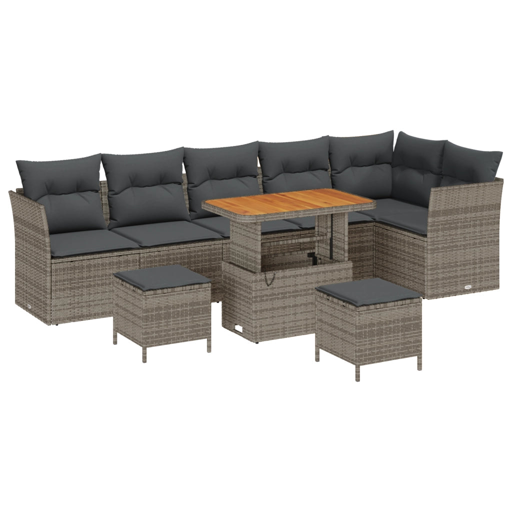 Set Divano da Giardino 9 Pezzi con Cuscini Grigio Polyrattan Acacia