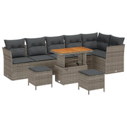 Set Divano da Giardino 9 Pezzi con Cuscini Grigio Polyrattan Acacia