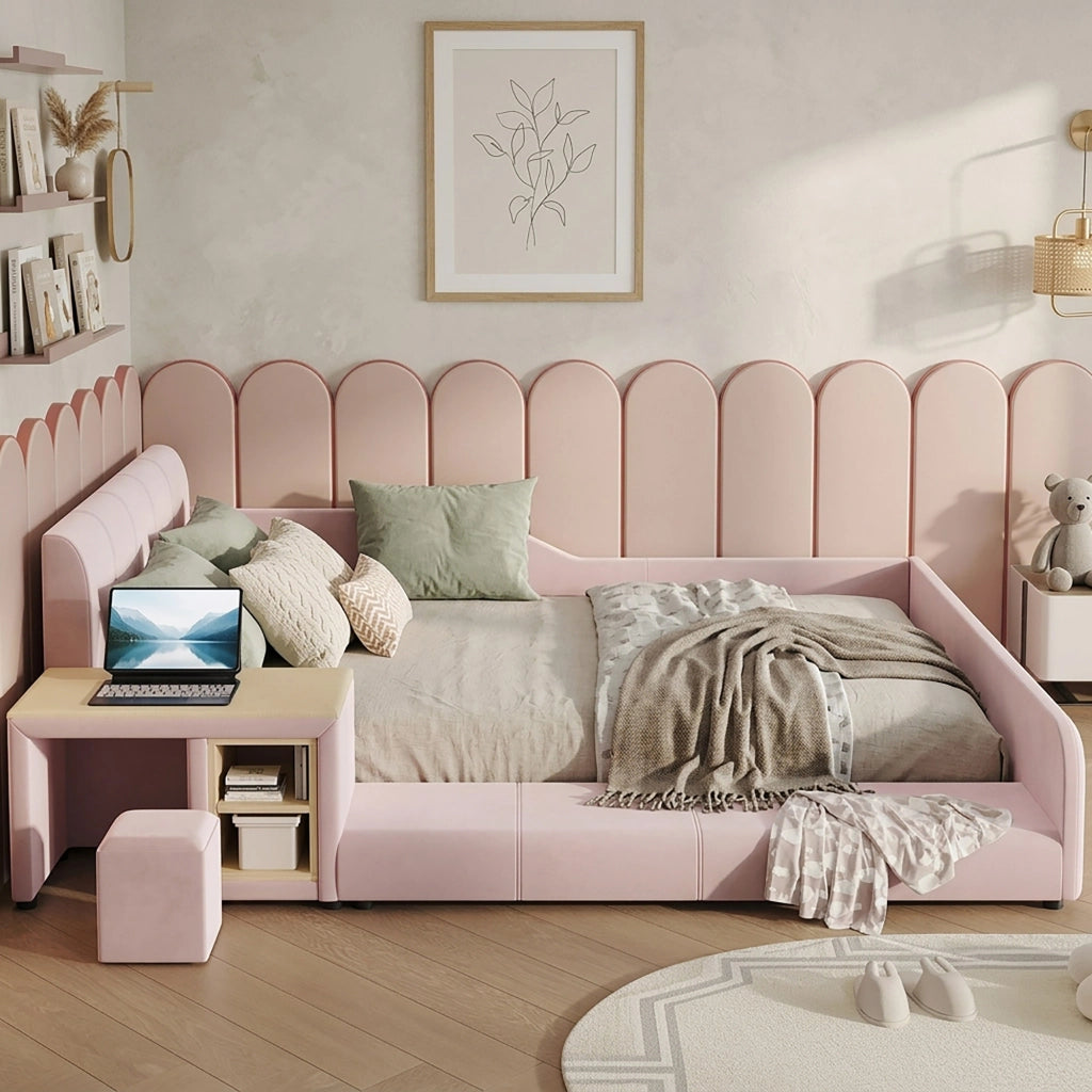 Letto Combinato 140 x 200 cm; Letto Singolo - Scrivania; Sgabello e Mensola - Rosa