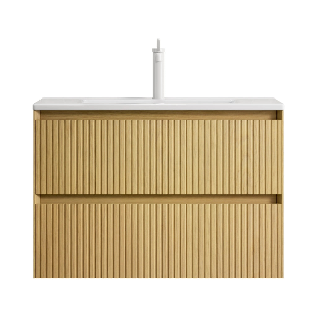 Mobile bagno sospeso con lavabo integrato in ceramica; 2 cassetti con chiusura ammortizzata; rovere e bianco