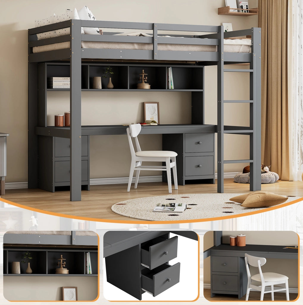 Letto a soppalco per bambini 90x200 cm con scrivania grigio
