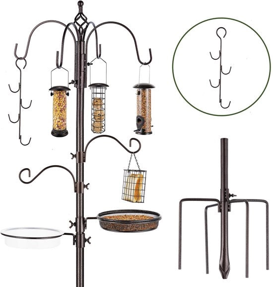 Kit di alimentazione per uccelli in giardino deluxe con piastra di alimentazione appesa, vaschetta per acqua e metallico per uccelli selvatici con sistema di alimentazione multipla.