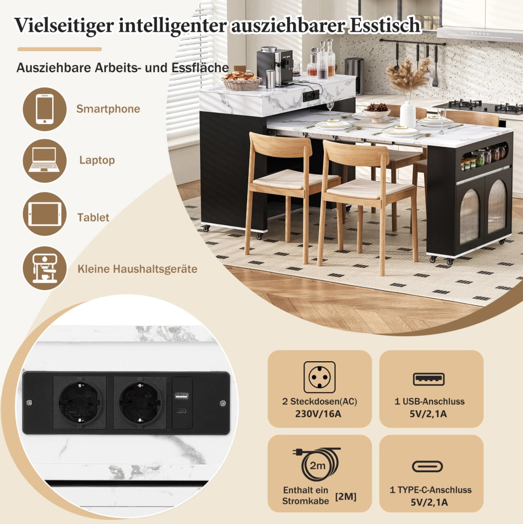 Mobile cucina estensibile nero con prese integrate e ruote