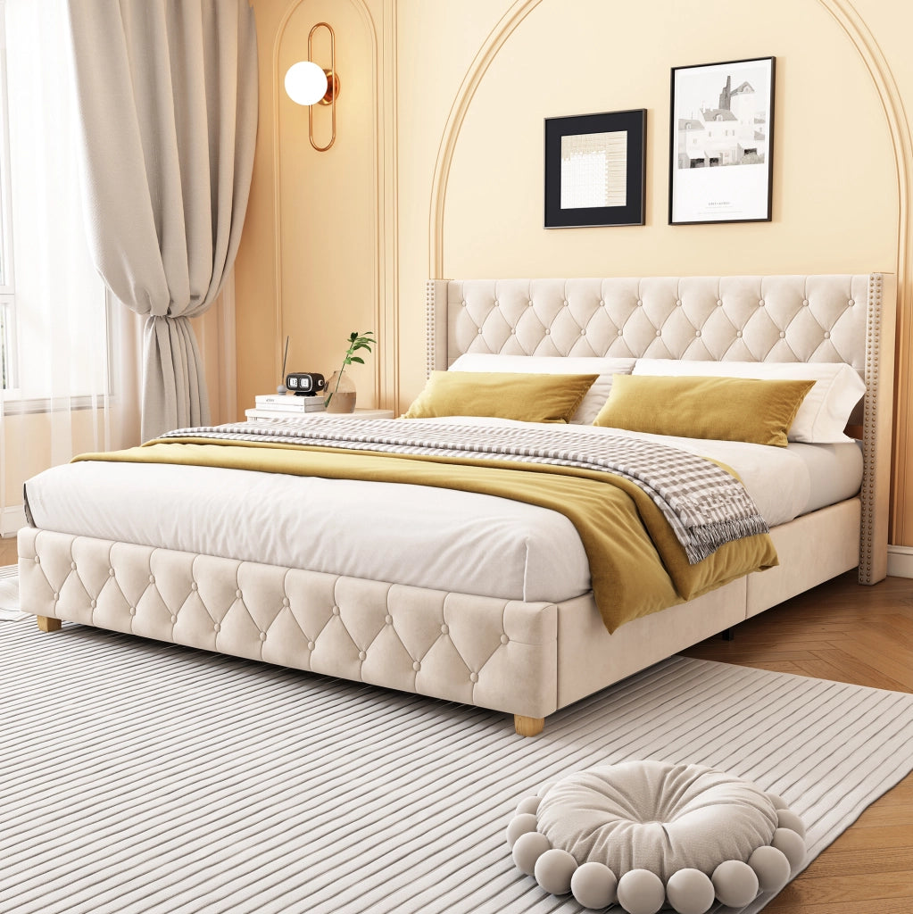 Letto imbottito 180x200 cm in velluto beige chiaro