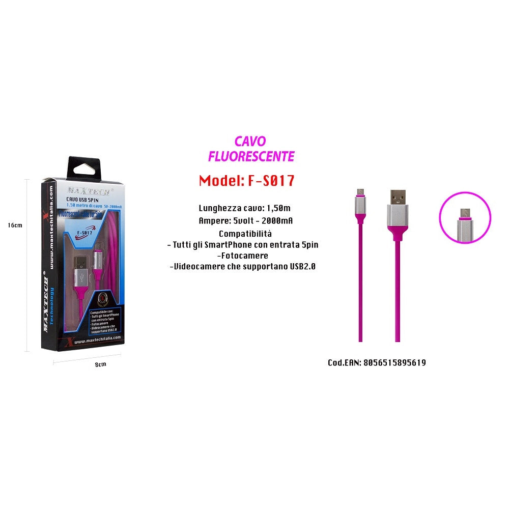 Trade Shop - Cavo Fluorescente Ricarica Per Smartphone 5pin 1,50mt 5volt - 2000ma Maxtech F-s017 -