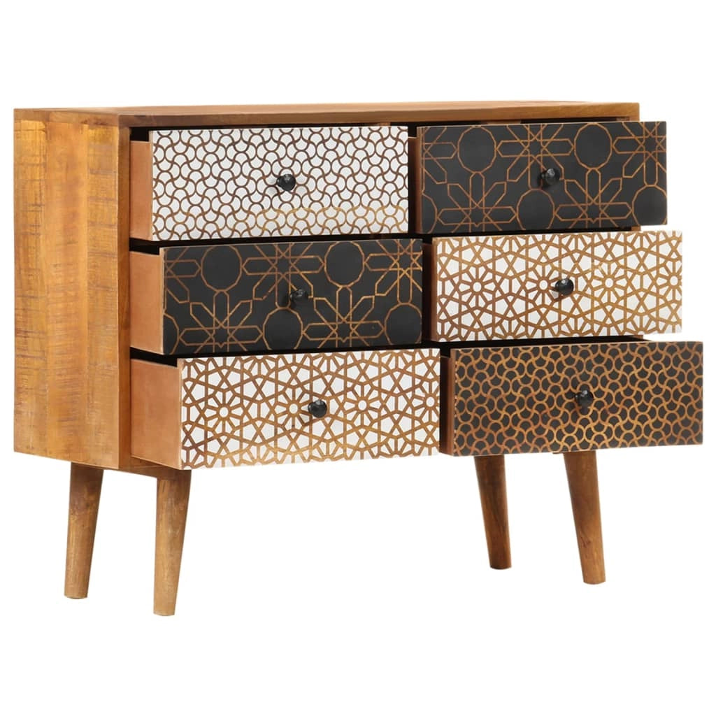 Buffet credenza cassettiera armadio mobile contenitore organizer per cucina soggiorno salotto con motivo stampato 90 x 30 x 70 cm legno massello di mango marrone 02_0030087