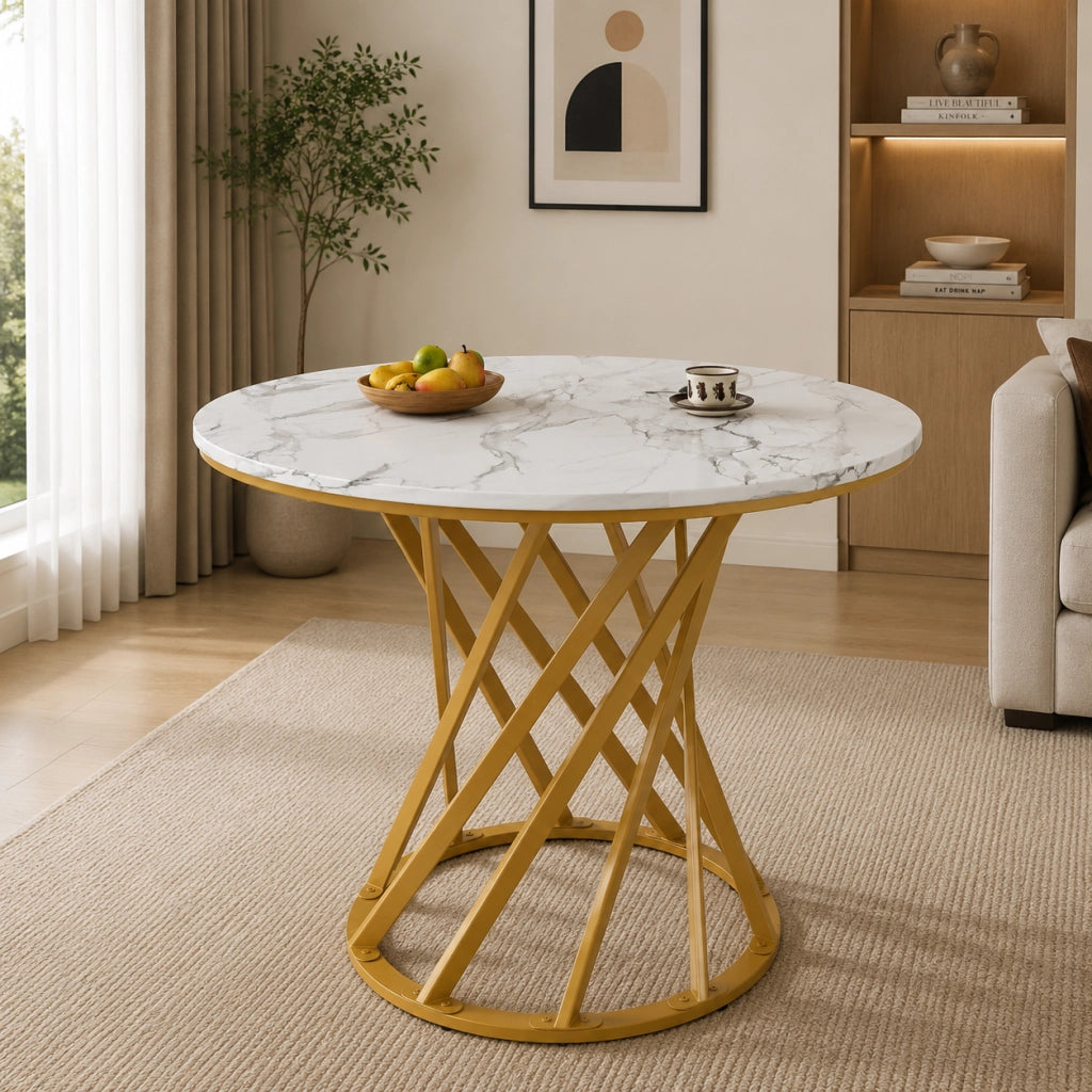 Tavolo da pranzo 80x80x76 cm con gambe regolabili; MDF e metallo; bianco e oro