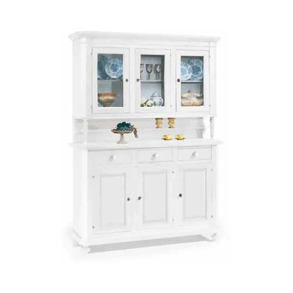 Cristalliera 6 ante 3 cassetti arte povera in legno massello e mdf con rifinitura in bianco 158x47x213 H