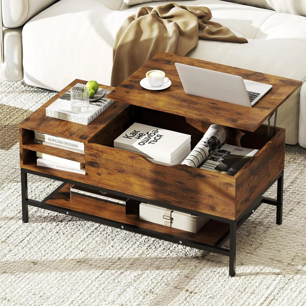 Tavolino da Caffè con Piano Sollevabile e Scomparto Nascosto, Tavolo da Salotto in Legno con Ripiano Portaoggetti, Ideale per Piccoli Spazi (Marrone)
