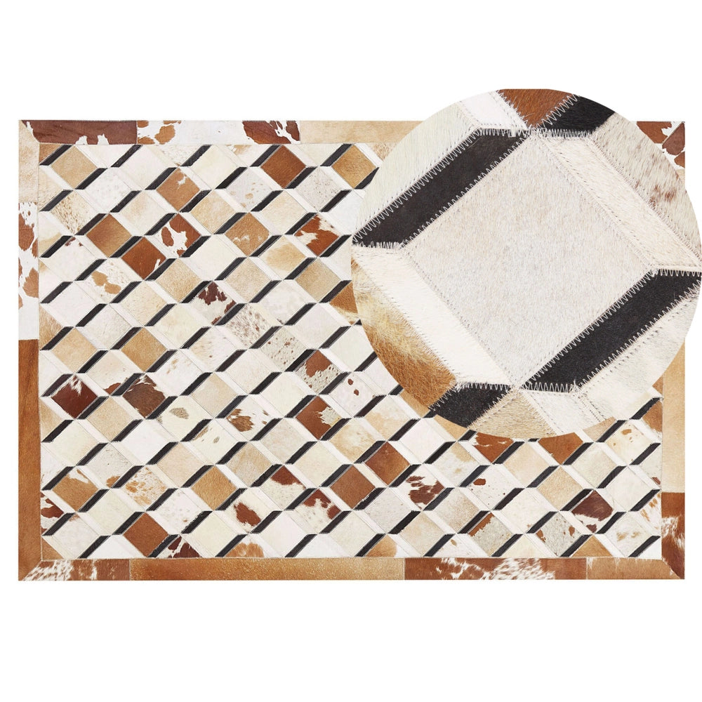 Tappeto da zona Marrone Pelle di vacchetta Patchwork Motivo geometrico a rombi Sottofondo in feltro 140 x 200 cm Paese moderno