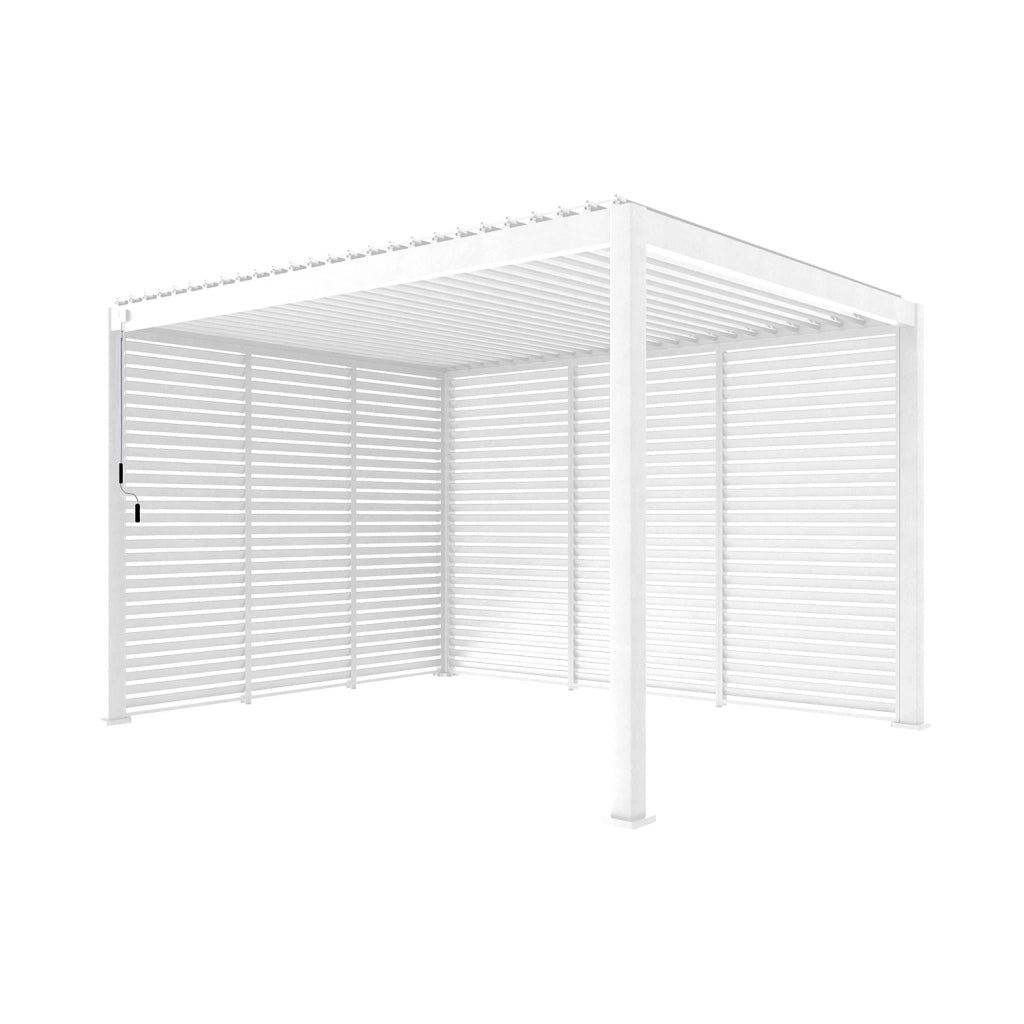 Pergola bioclimatica 3x4 in alluminio + 3 tende da 1m, bianco