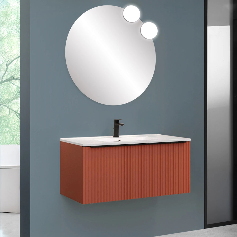 Mobile bagno sospeso 100 cm color terracotta cannettato con cassetto e lavabo Nara