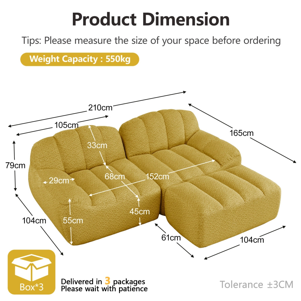 Divano angolare modulare senza struttura con seduta ampia e pouf per soggiorno in pile granulato giallo 210 × 165 × 79 cm