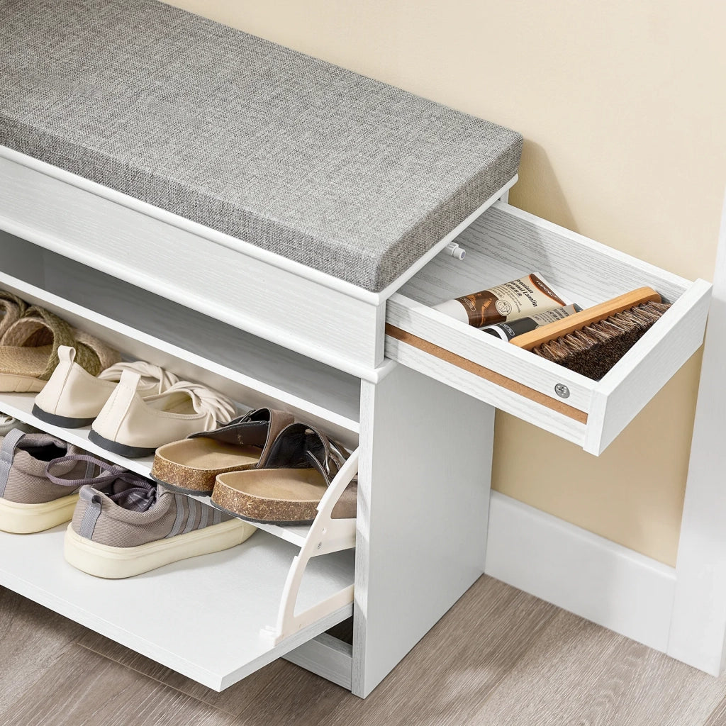 SoBuy FSR82-K-WG Scarpiera Salvaspazio Slim con Seduta Panca Scarpiera da Ingresso Contenitore in Legno Mobile Scarpiera Ingresso per Scarpe, 61x24x51cm Effetto Legno Invecchiato Bianco