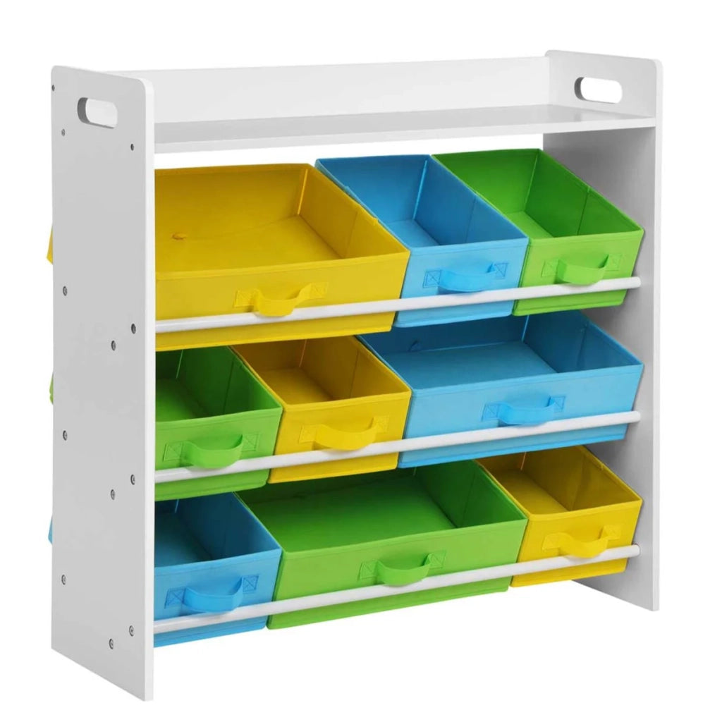 Scaffale portagiochi per bambini con 9 cestini rimovibili in tessuto non tessuto multicolore organizer per sala giochi struttura in MDF bianco 12_0002282