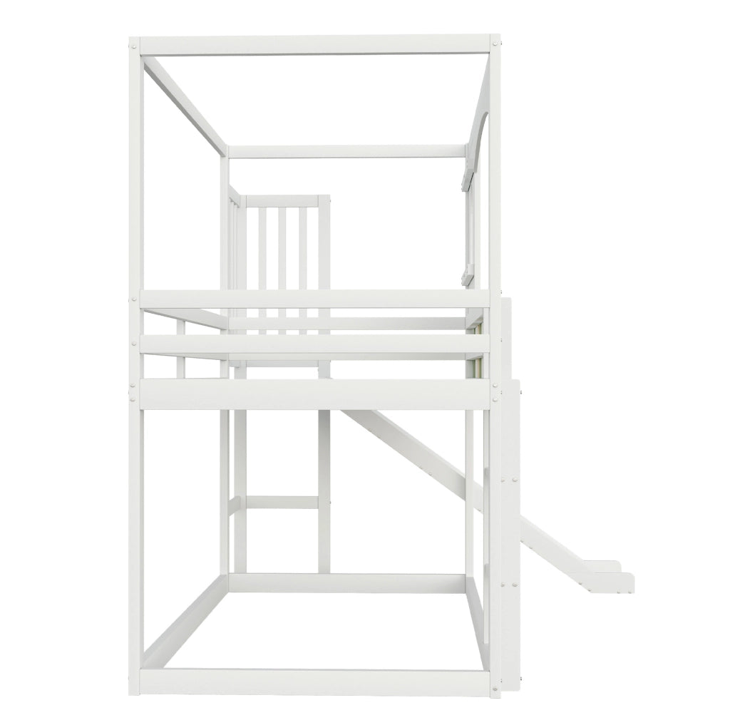 Letto a soppalco per bambini 90x200 cm con scivolo; scala di sicurezza e struttura a casetta