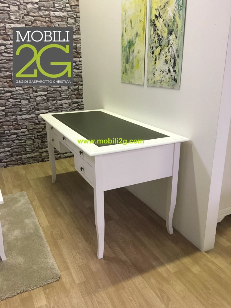 Scrivania arte povera legno bianco inserto ecopelle 130x65x81 - Mobili 2G