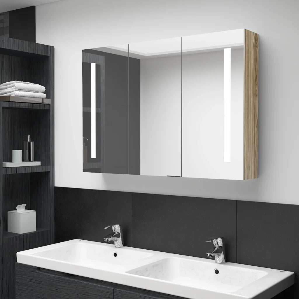 Armadietto Bagno con Specchio e LED 89x14x62 cm Rovere 326529