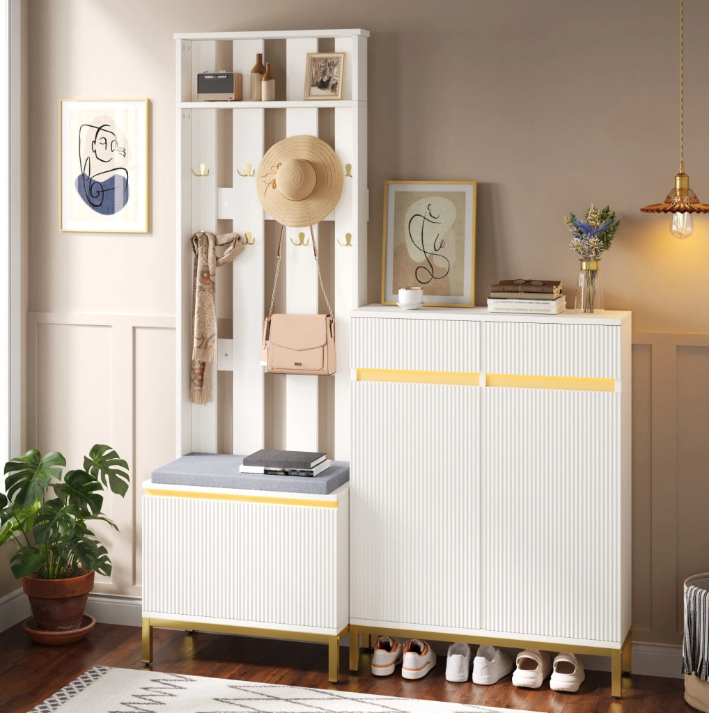 Garderoba con scarpiera; panca e appendiabiti LED; bianco