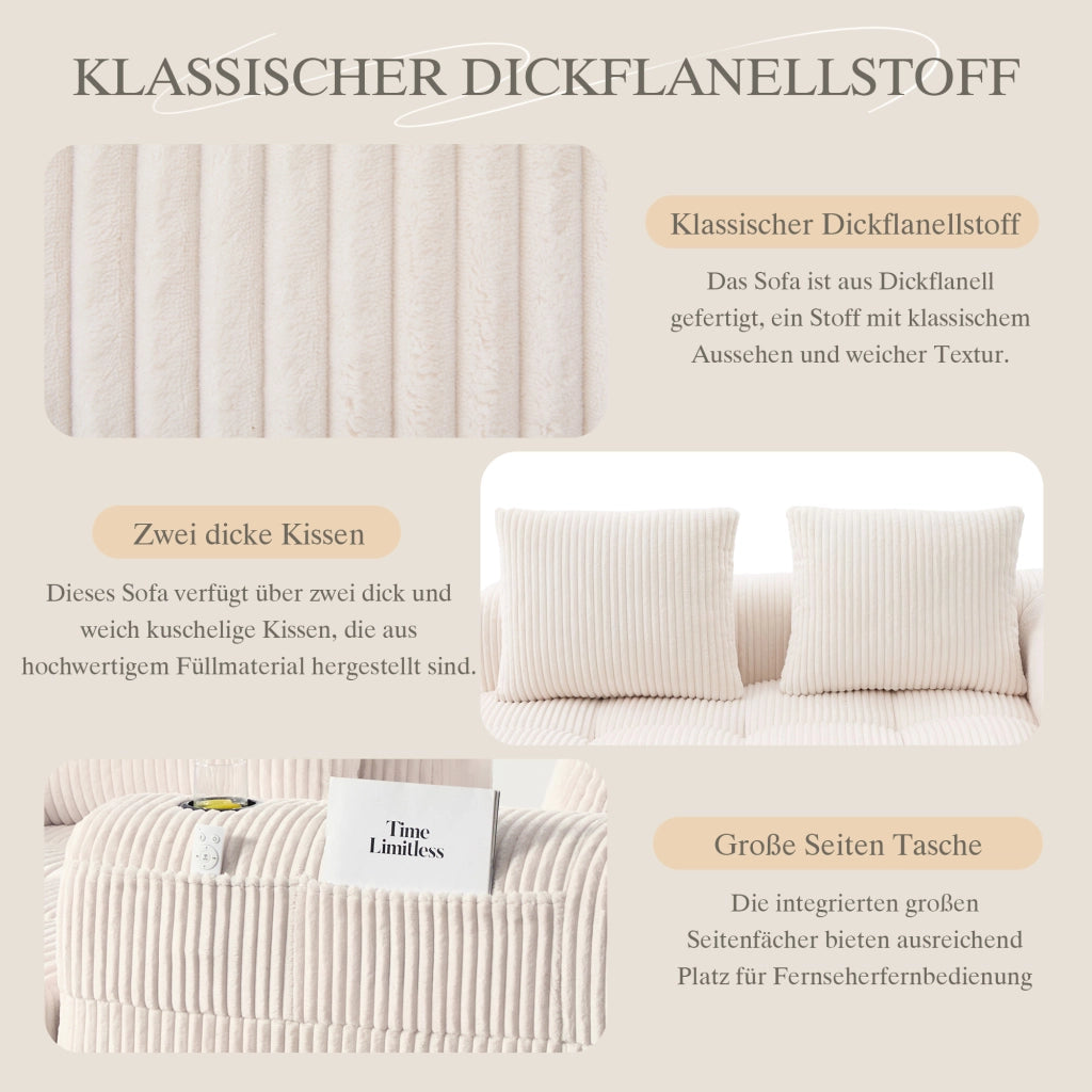 Divano dritto 2 posti con tasche laterali e portabicchieri, in Corduroy Beige 158 × 93 × 61 cm
