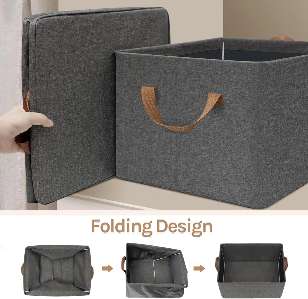 Set di 6 Scatole Portaoggetti Pieghevoli, Contenitori in Tessuto con Manici, per Vestiti e Giocattoli, Grigio, 47x35x30cm