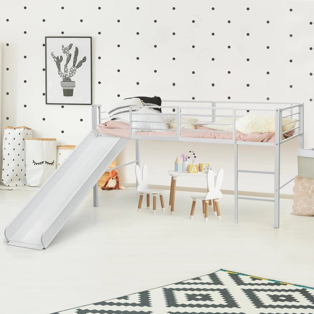 Letto a Soppalco per Bambini con Scivolo E Protezione Anticaduta e Scaletta, Struttura Letto in Metallo 96x198x109cm, Letto a Castello con Rete a Doghe, Fino a 150 kg (Bianco)