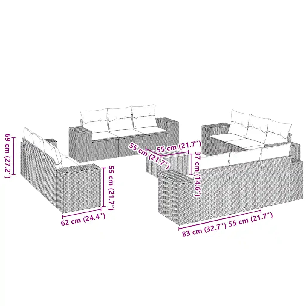 Set Divani da Giardino 13pz con Cuscini Nero in Polyrattan
