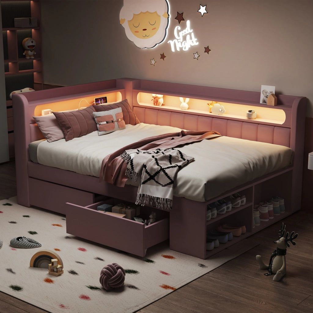 LETTO Poltrona 90x200 cm Rosa con USB, LED e 2 Cassetti