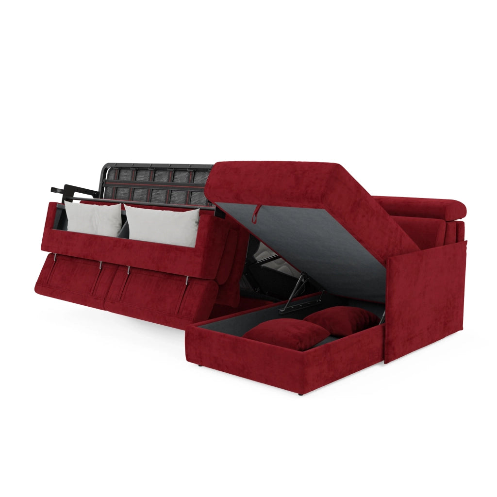 Miryam divano letto angolare compatto - poggiatesta reclinabili e penisola contenitore in tessuto smacchiabile T31 252 cm destro rosso