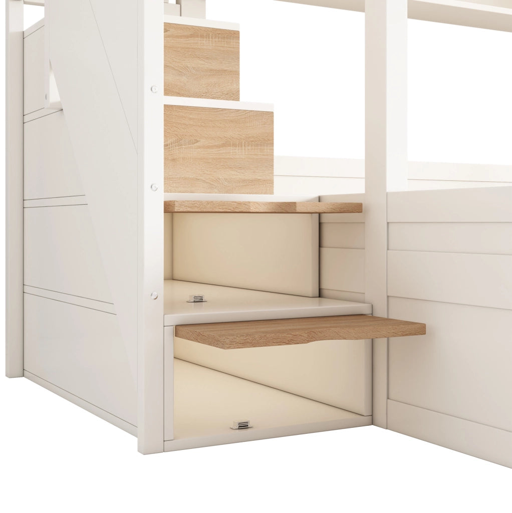 Letto a castello con scala contenitore 90x200 e 140x200 cm in legno bianco e naturale