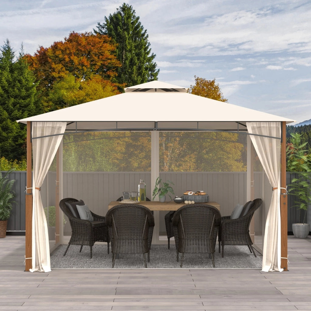 Gazebo da esterno 3,6x3m con reti tetto a doppio strato telaio metallico, Rifugio solare impermeabile per patio Beige-Gazebo