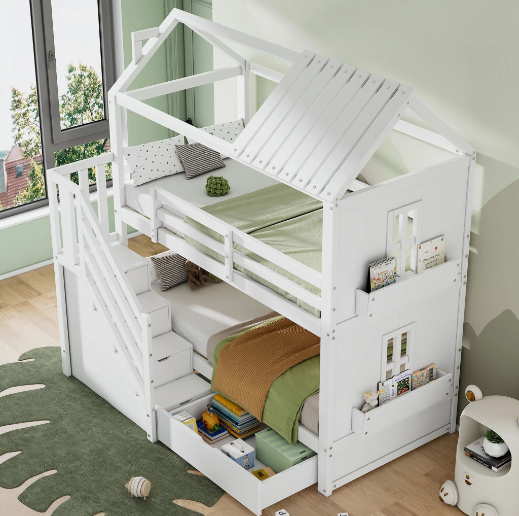 Letto a castello per bambini 90x200 cm con scala contenitore; cassetti e ripiani; bianco