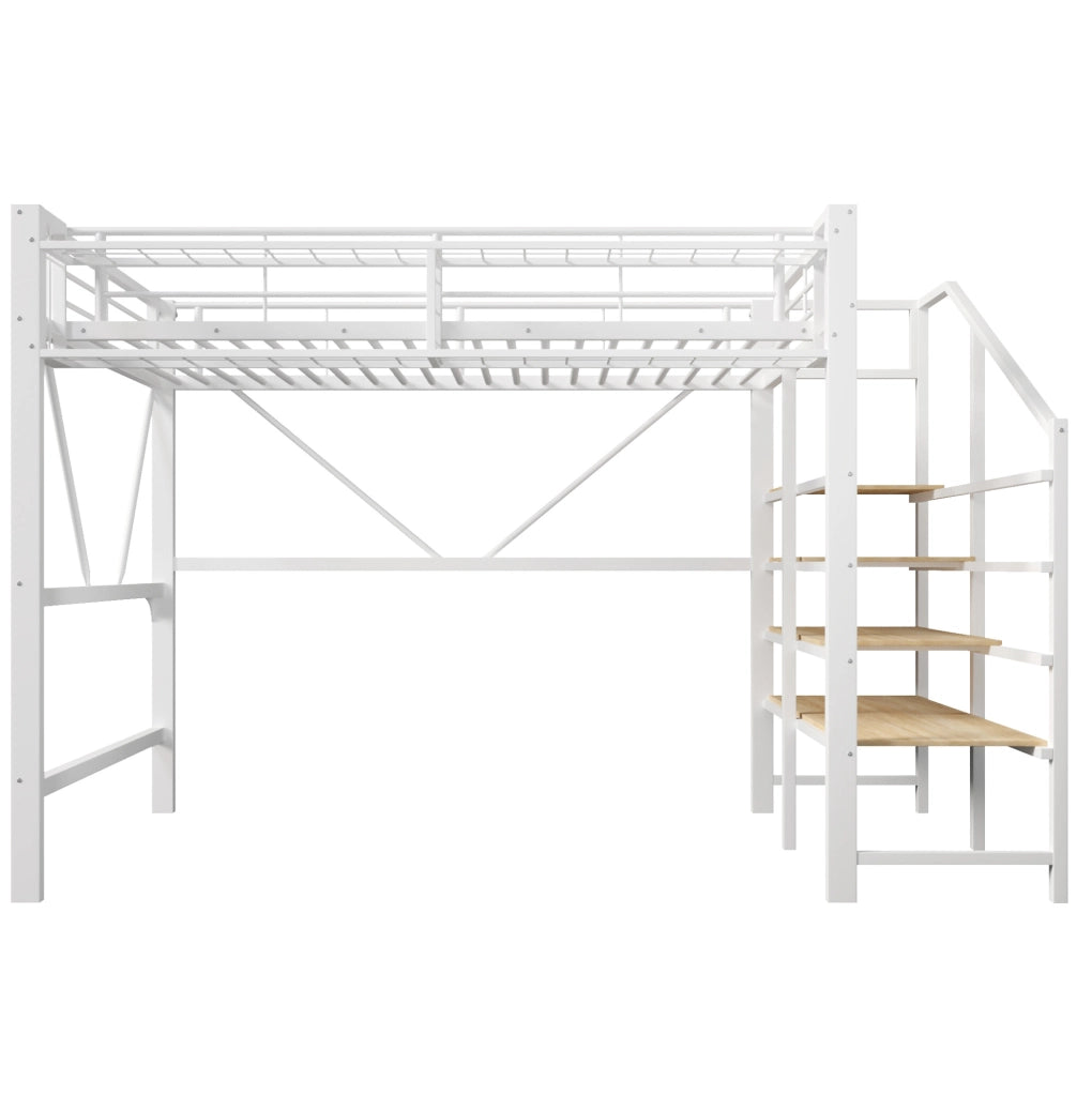 Hochbett 251.5x163x170 cm con illuminazione LED; scaffale a gradini e cestello; MDF e metallo; bianco