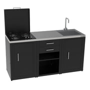 Set cucina da esterno a gas 3 elementi con lavello, rubinetto e tagliere con 2 cassetti estraibili - struttura in acciaio e piano in acciaio inox - Nero